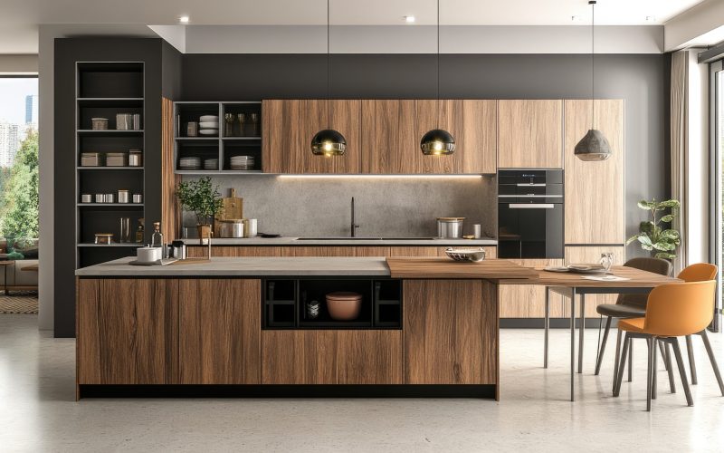 A kitchen cabinet made of particle board with a laminate finish.