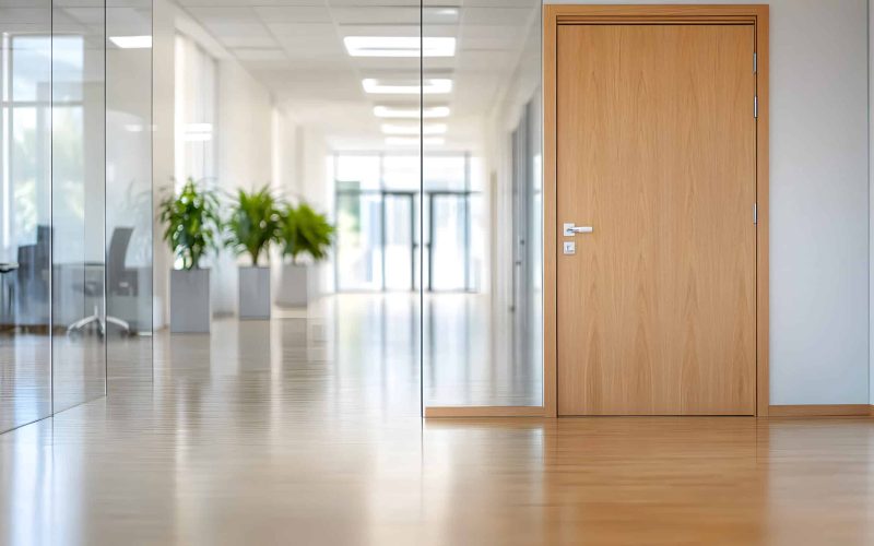 Office interior scene with blurred door modern workplace professional environment perspective focus